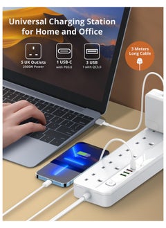 بيجانت سلك تمديد طاقة 5 اتجاهات مع USB، 1 × USB نوع سي بي دي 20 واط، 3 منافذ شحن سريع USB-A كيو سي، 5 × مقابس كهربائية بريطانية، شريط حماية متعدد المقابس، كيبل 3 متر (معيار الامارات  - Image 2