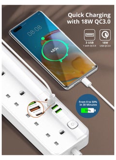 بيجانت سلك تمديد طاقة 5 اتجاهات مع USB، 1 × USB نوع سي بي دي 20 واط، 3 منافذ شحن سريع USB-A كيو سي، 5 × مقابس كهربائية بريطانية، شريط حماية متعدد المقابس، كيبل 3 متر (معيار الامارات  - Image 4