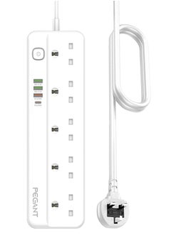 بيجانت سلك تمديد طاقة 5 اتجاهات مع USB، 1 × USB نوع سي بي دي 20 واط، 3 منافذ شحن سريع USB-A كيو سي، 5 × مقابس كهربائية بريطانية، شريط حماية متعدد المقابس، كيبل 3 متر (معيار الامارات  - Image 1