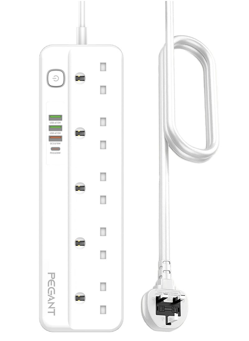 بيجانت سلك تمديد طاقة 5 اتجاهات مع USB، 1 × USB نوع سي بي دي 20 واط، 3 منافذ شحن سريع USB-A كيو سي، 5 × مقابس كهربائية بريطانية، شريط حماية متعدد المقابس، كيبل 3 متر (معيار الامارات  - Image 1