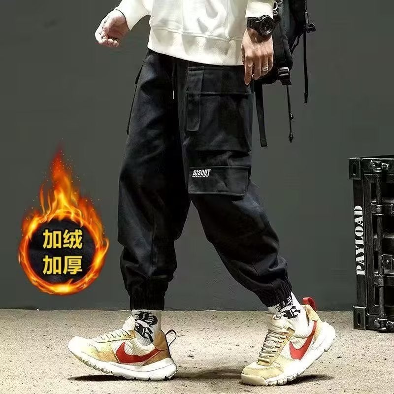 Autumn and winter mens loose overalls fleece-lined thickened fashion brand versatile plus size casual pants wear-resistant multi-pocket trousers Black [fleece-lined]] - Image 2