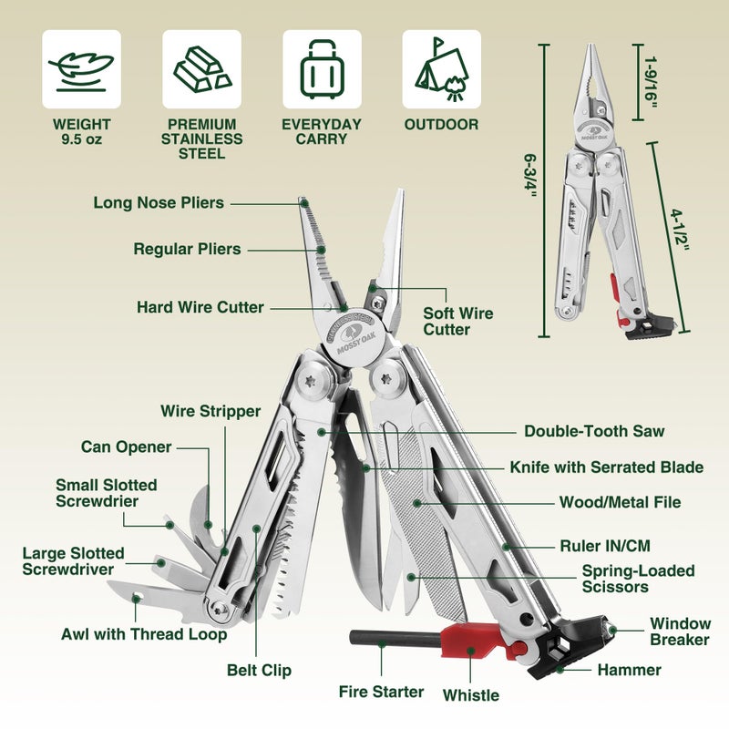 MOSSY OAK Multitool, 19-in-1 Stainless Steel Multi Tool Pliers, Self-locking EDC Gear with Sheath for Outdoor, Survival, Camping, Hiking, Father Day Gifts - Image 5