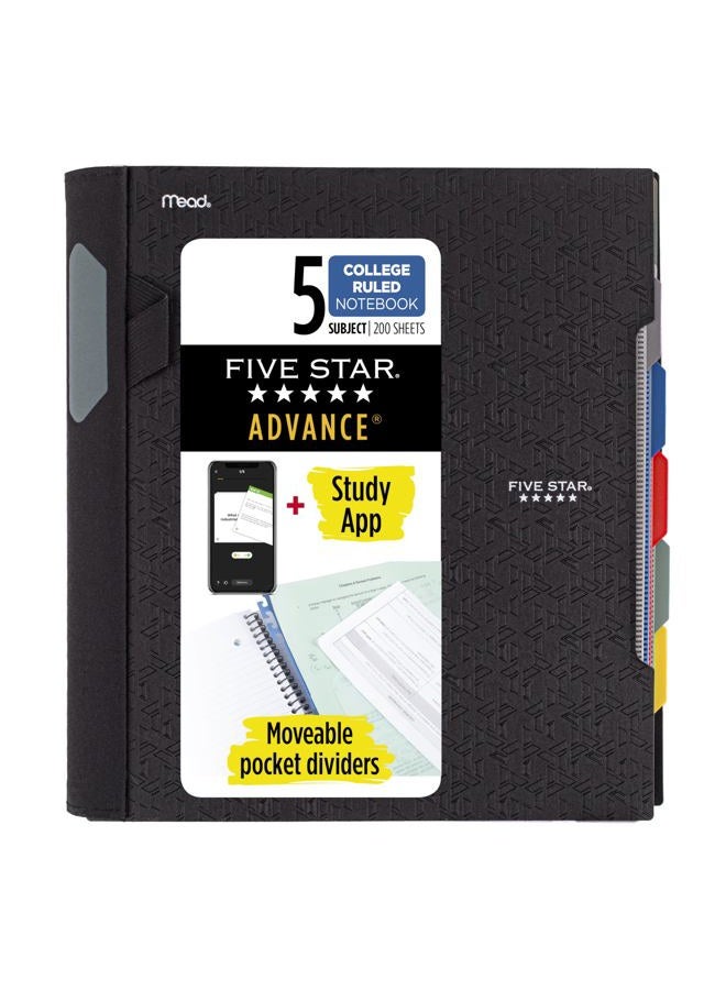 Five Star Advance Spiral Notebook, 5 Subject, College Ruled Paper, 200 Sheets, 28 x 21.6 cm, Black (73144) - Image 1