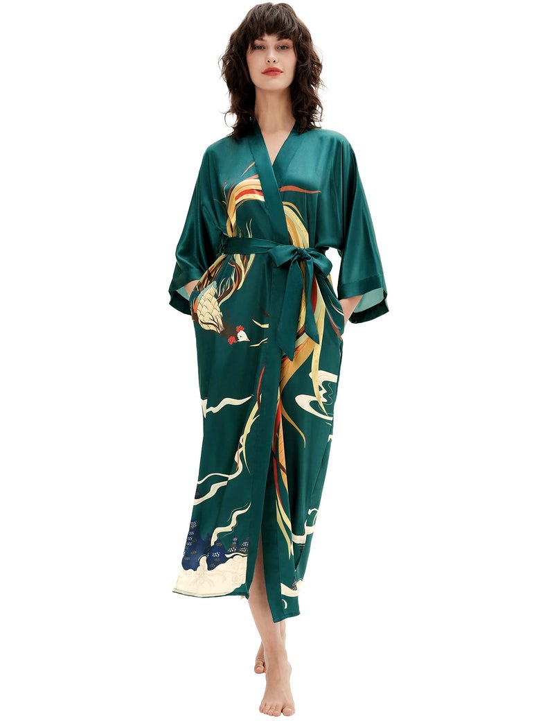 PRODESIGN Long Kimono Robe Satin Sleepwear Phoenix Handprinted Silky Nightgown Bathrobe Blouse Cardigan for Women - Image 3