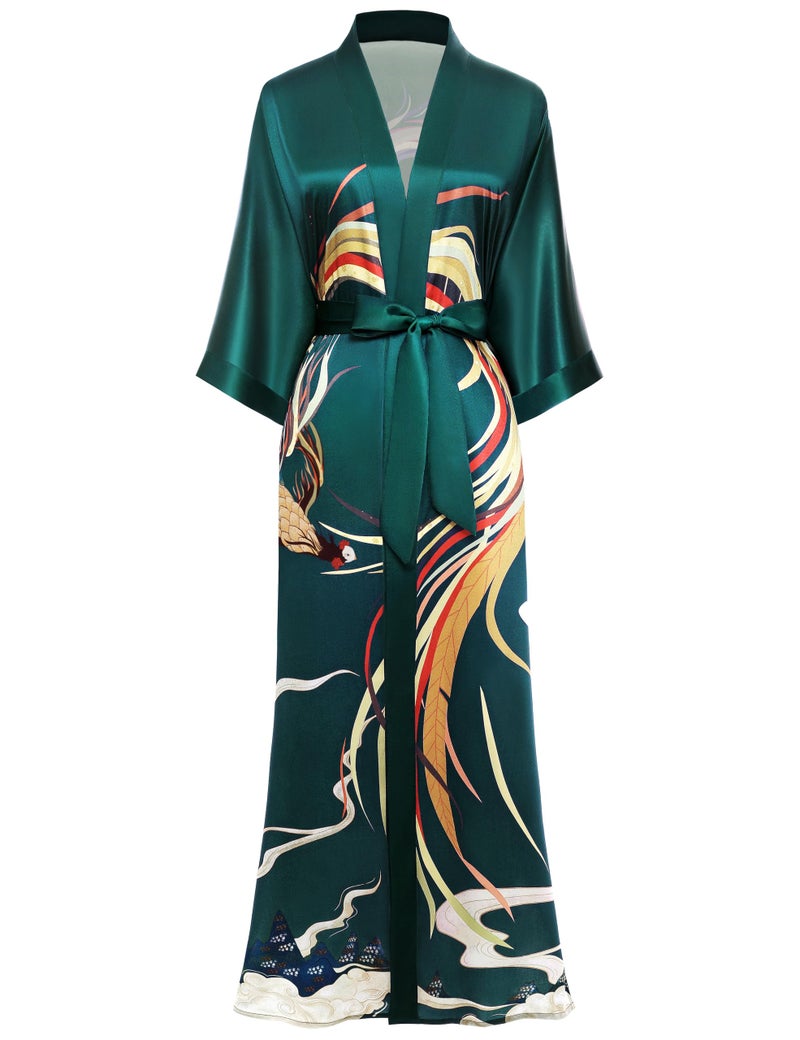PRODESIGN Long Kimono Robe Satin Sleepwear Phoenix Handprinted Silky Nightgown Bathrobe Blouse Cardigan for Women - Image 1
