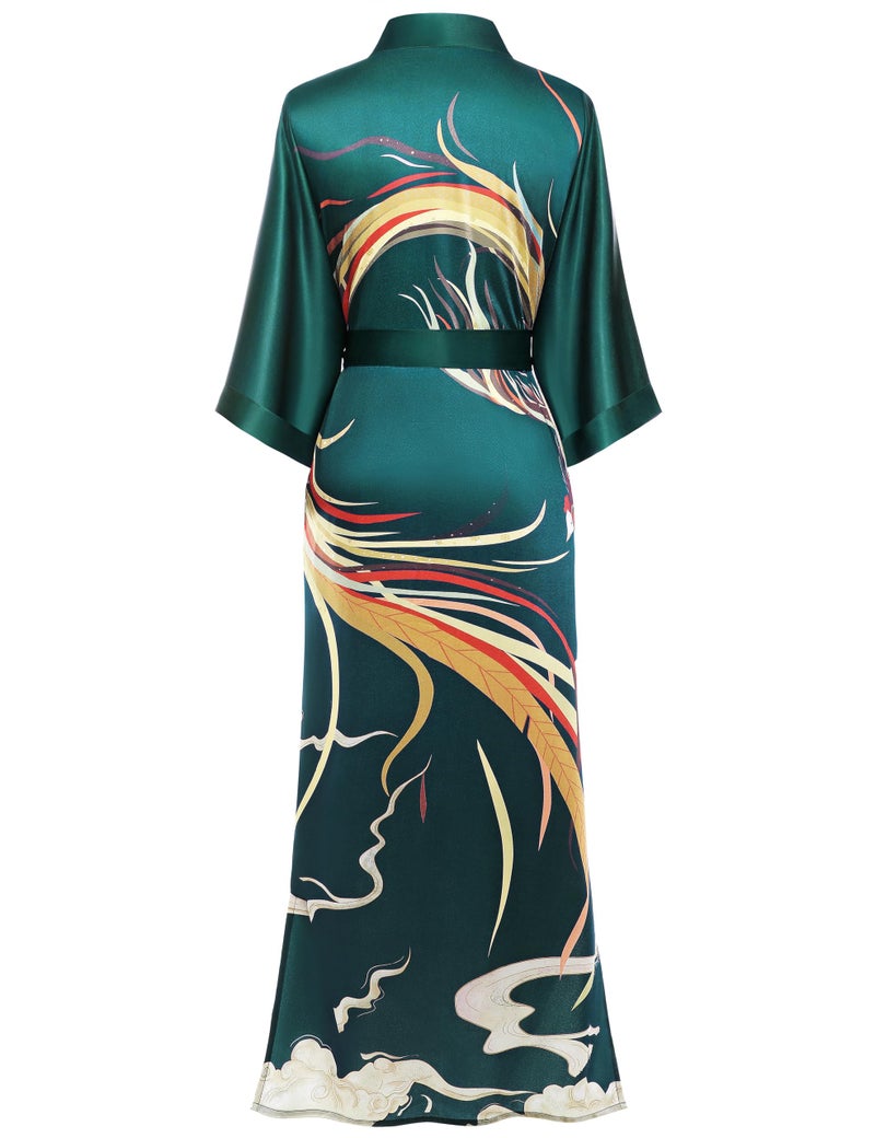 PRODESIGN Long Kimono Robe Satin Sleepwear Phoenix Handprinted Silky Nightgown Bathrobe Blouse Cardigan for Women - Image 2
