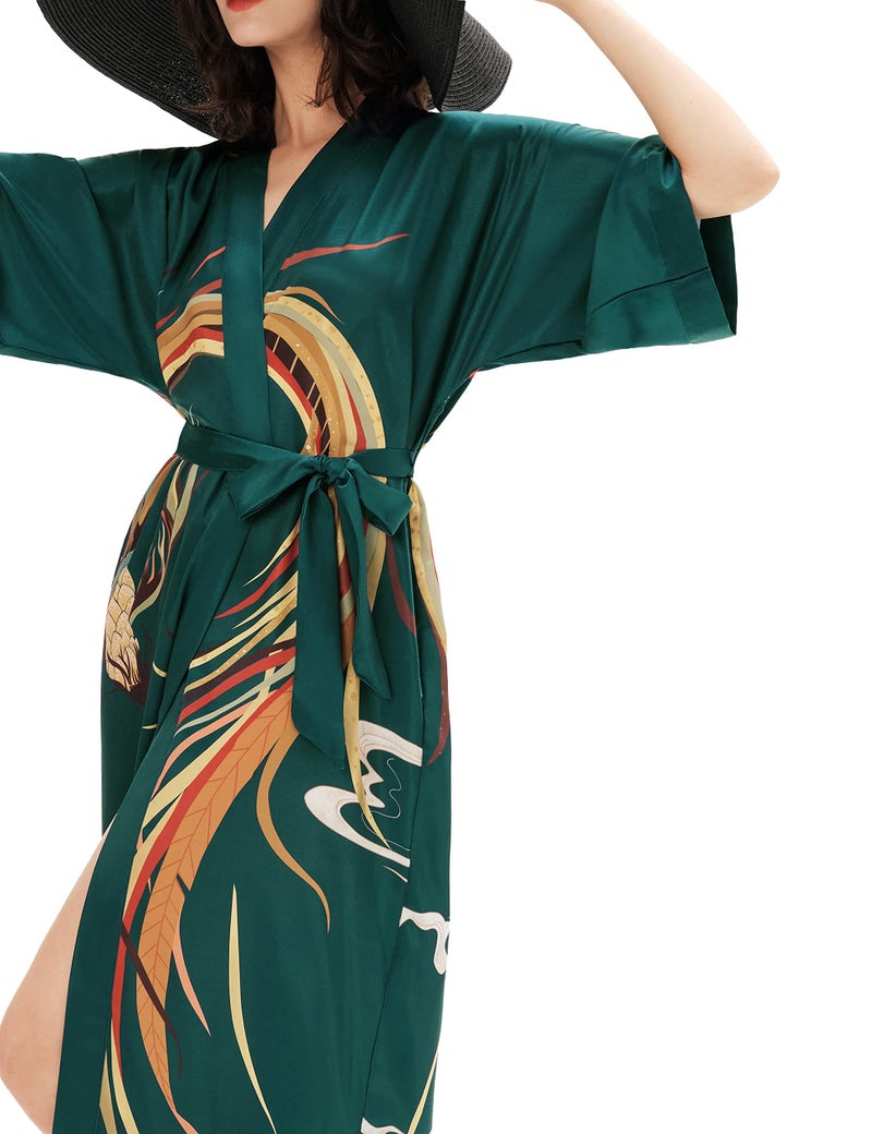 PRODESIGN Long Kimono Robe Satin Sleepwear Phoenix Handprinted Silky Nightgown Bathrobe Blouse Cardigan for Women - Image 4