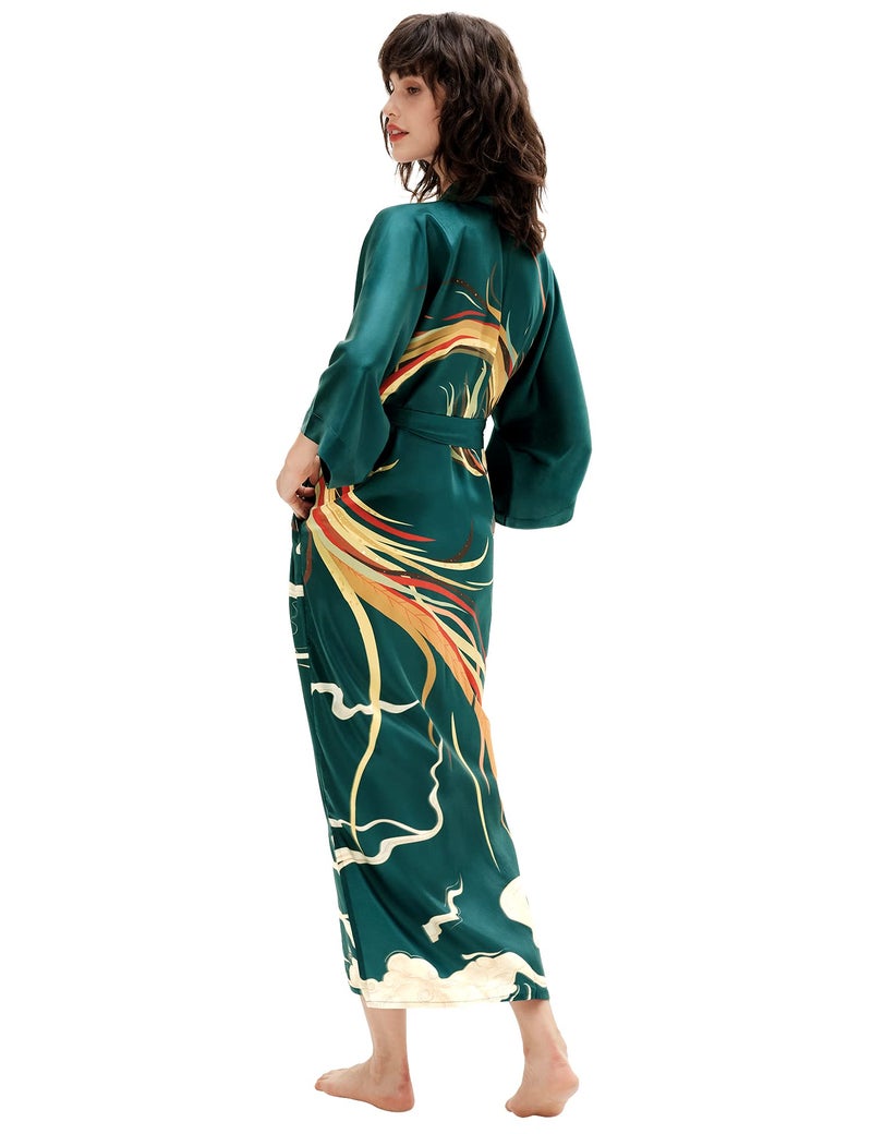 PRODESIGN Long Kimono Robe Satin Sleepwear Phoenix Handprinted Silky Nightgown Bathrobe Blouse Cardigan for Women - Image 5