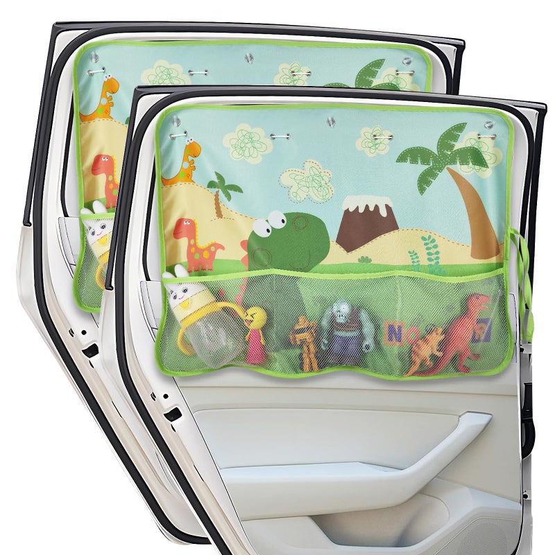 DIZA100 Car Window Shade for Baby 2 Pack Car Sun Shades with Storage Pockets Car Window Curtain 7 Suction Cups Dinosaurs Pattern for SunHeatUV Rays Protection - Image 3