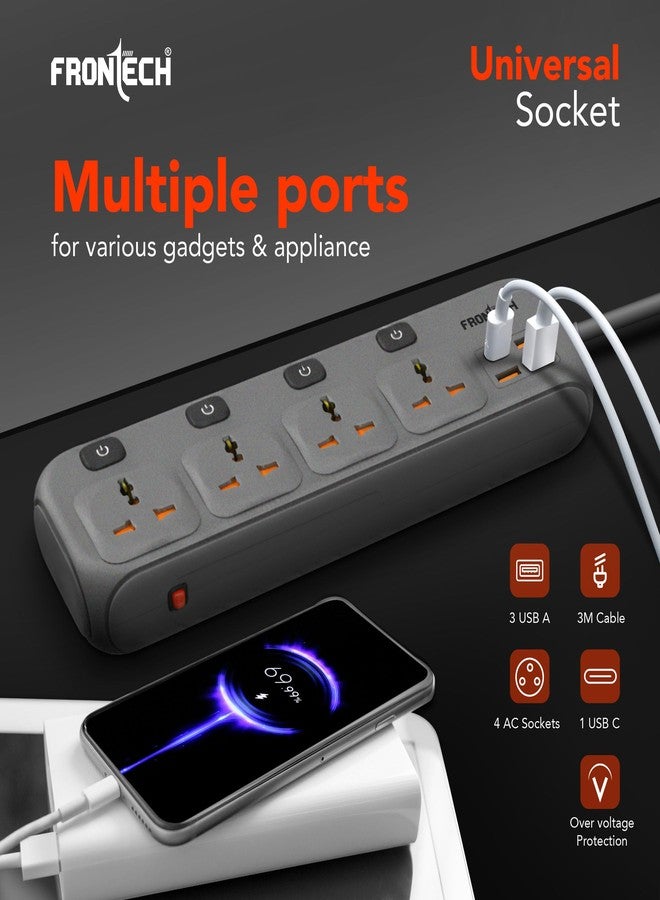 FRONTECH Power Extension Socket | 2500W Heavy Duty Extension Board with 4 Universal Sockets, 3 USB-A + 1 USB-C Ports, Individual Switches, 3 Meter Copper Cable | 1 Year Warranty (FT-3566) - Image 4