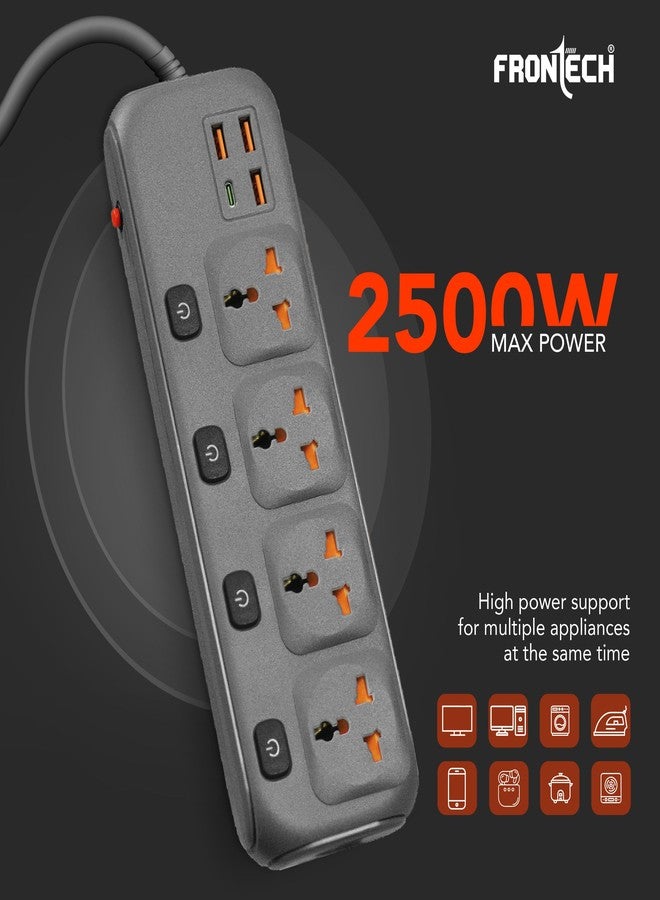 FRONTECH Power Extension Socket | 2500W Heavy Duty Extension Board with 4 Universal Sockets, 3 USB-A + 1 USB-C Ports, Individual Switches, 3 Meter Copper Cable | 1 Year Warranty (FT-3566) - Image 3