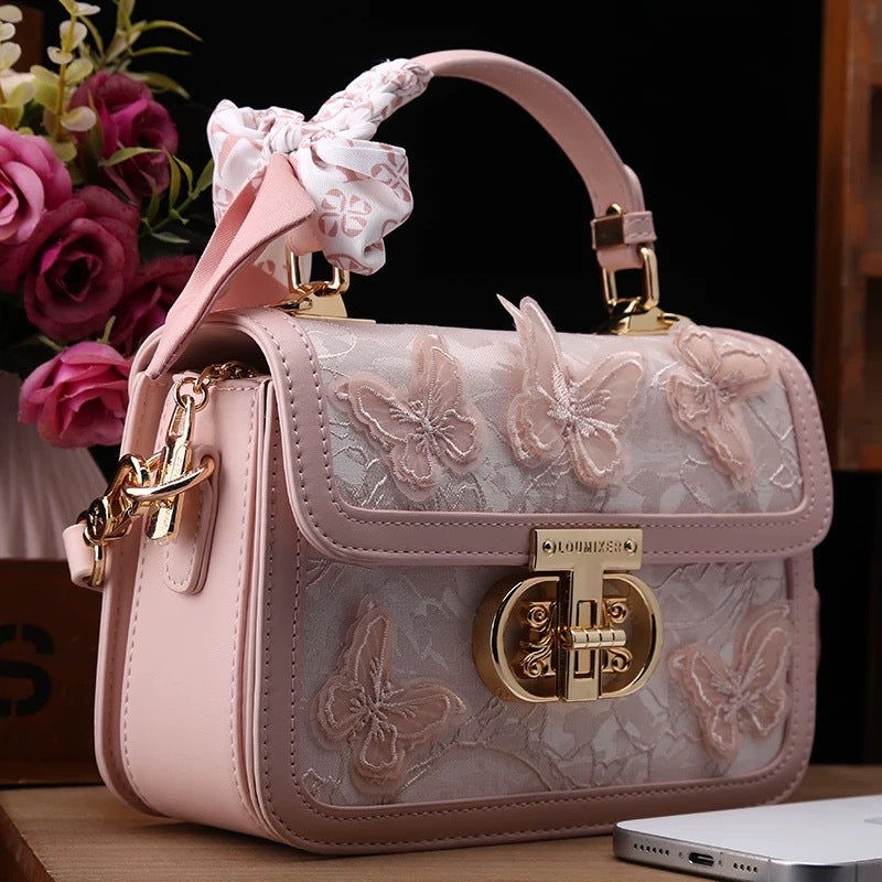 High-End Embroidered Lace Butterfly Handheld Small Square Bag Fashion Lock Single Shoulder Crossbody Small Bag - Image 3