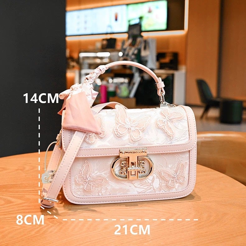High-End Embroidered Lace Butterfly Handheld Small Square Bag Fashion Lock Single Shoulder Crossbody Small Bag - Image 5