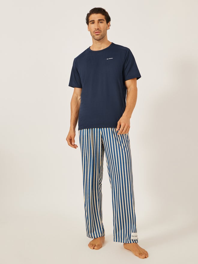 Styli Minimal Printed T-Shirt and Striped Badge Detail Pyjama Set - Image 1