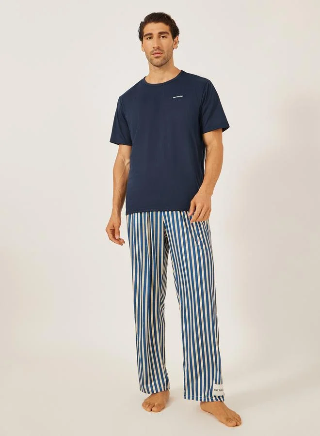 Styli Minimal Printed T-Shirt and Striped Badge Detail Pyjama Set