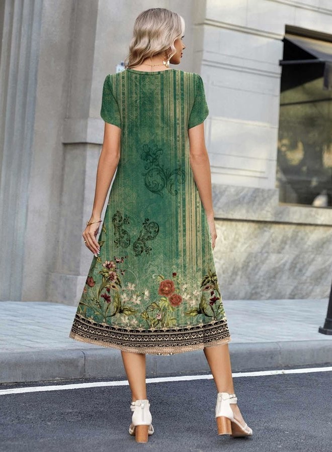 zeagoo Womens Casual Summer Dress 2026 Petal Short Sleeve Dresses with Pleats Midi A Line Flowy Dress Boho Sundress, Boho Green Floral, L - Image 3