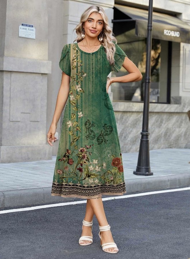 zeagoo Womens Casual Summer Dress 2026 Petal Short Sleeve Dresses with Pleats Midi A Line Flowy Dress Boho Sundress, Boho Green Floral, L - Image 2