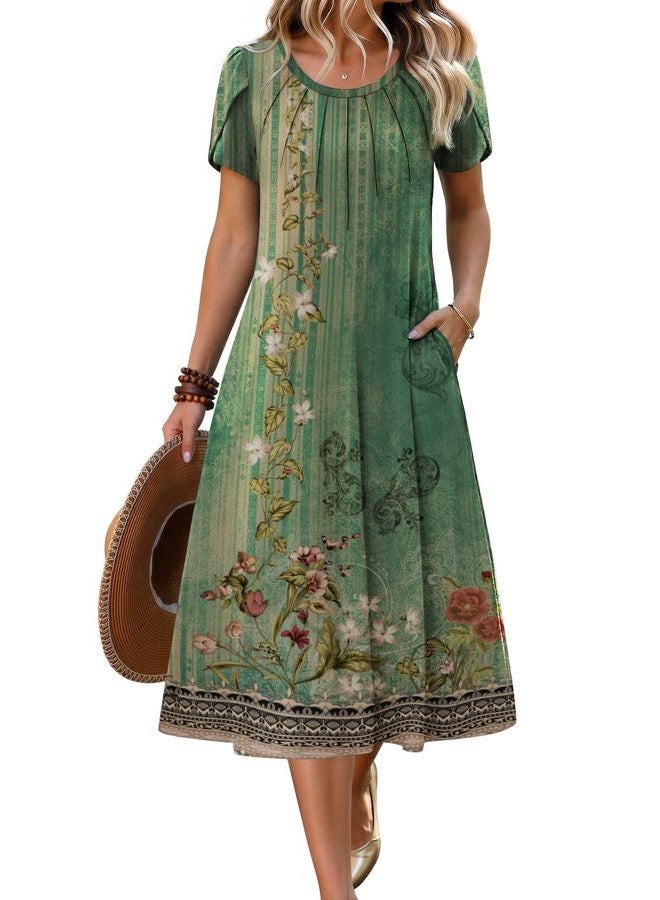 zeagoo Womens Casual Summer Dress 2026 Petal Short Sleeve Dresses with Pleats Midi A Line Flowy Dress Boho Sundress, Boho Green Floral, L - Image 1