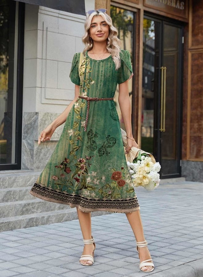 zeagoo Womens Casual Summer Dress 2026 Petal Short Sleeve Dresses with Pleats Midi A Line Flowy Dress Boho Sundress, Boho Green Floral, L - Image 4