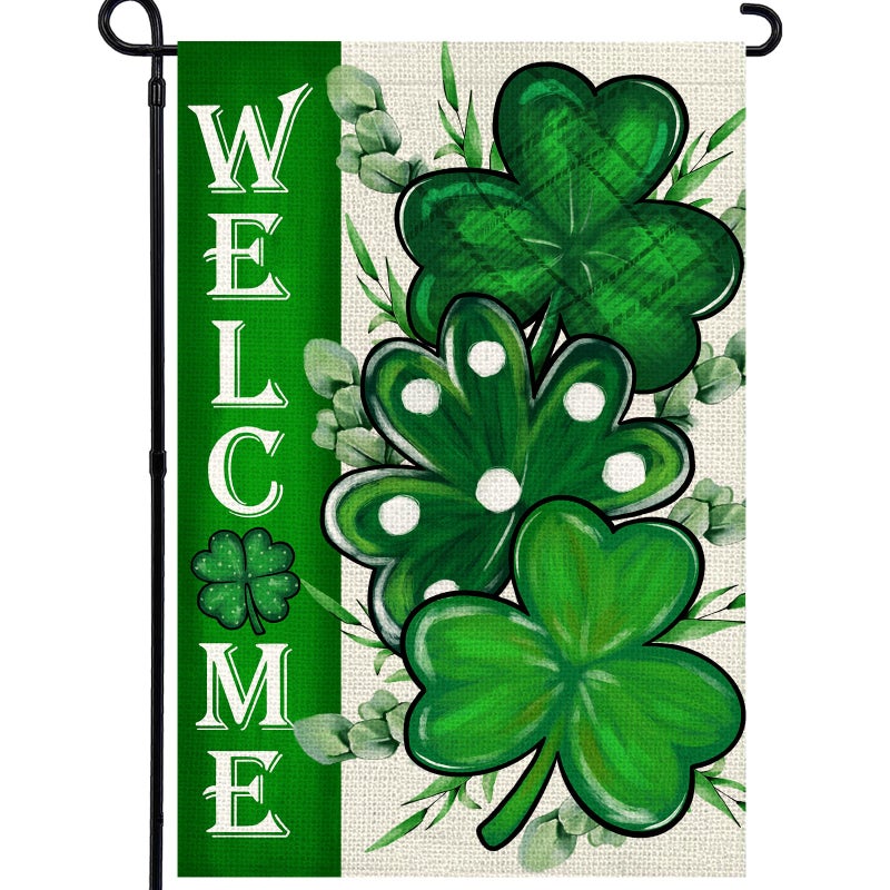 Agroon St Patricks Day Shamrocks Garden Flag 12x18 Inch, Double Sided Green Clovers Welcome Flag for Yard Outdoor Decoration - Image 1
