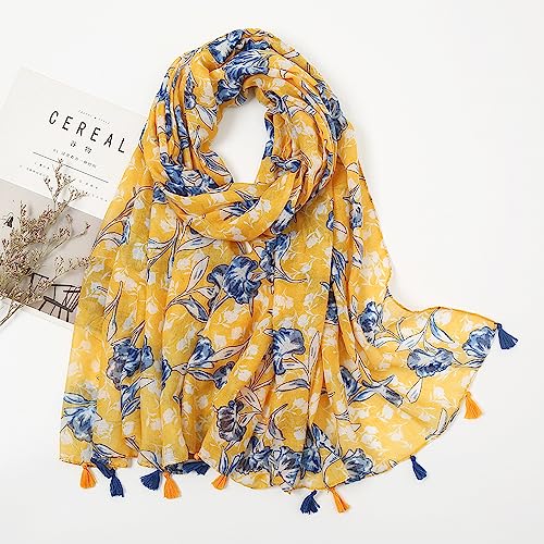 YOUR SMILE Large Boho Scarf for Women Lightweight Floral Printed Scarves Fall Winter Fashion Fringed Shawl wraps (05 Yellow Blue Flower) - Image 4