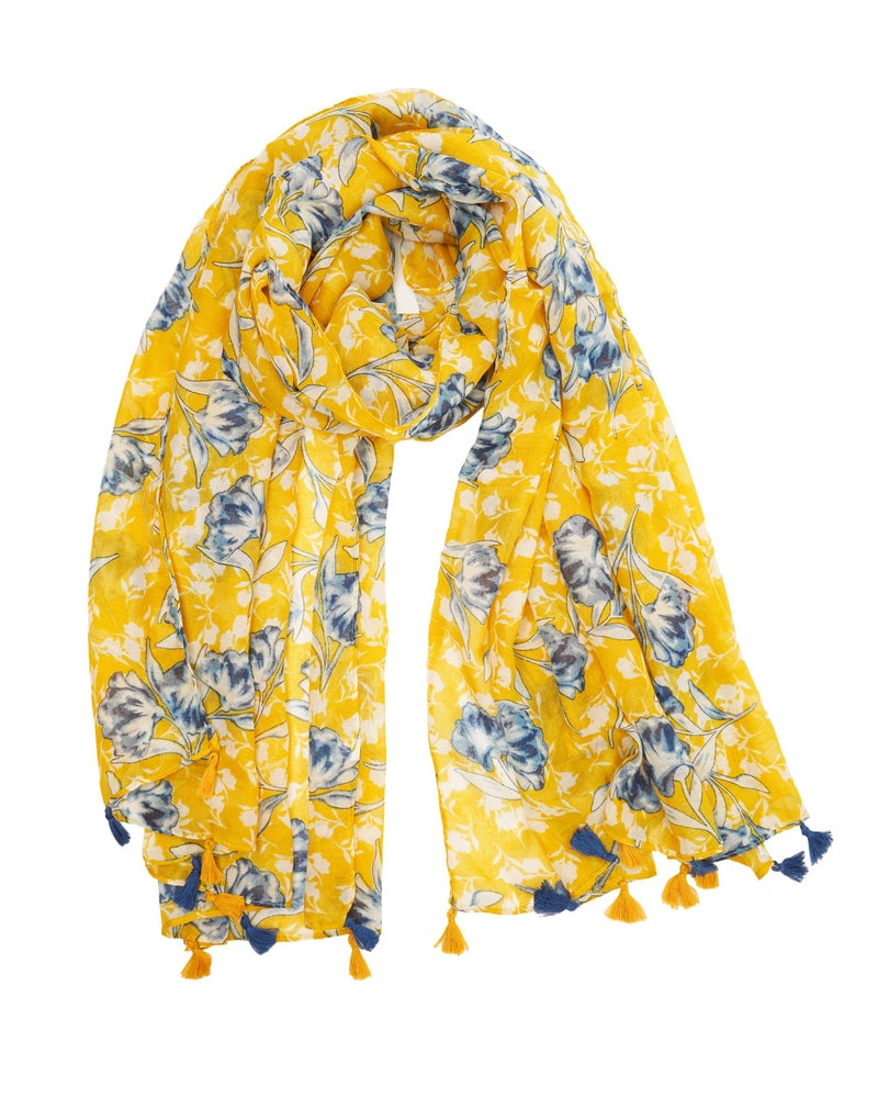 YOUR SMILE Large Boho Scarf for Women Lightweight Floral Printed Scarves Fall Winter Fashion Fringed Shawl wraps (05 Yellow Blue Flower) - Image 1