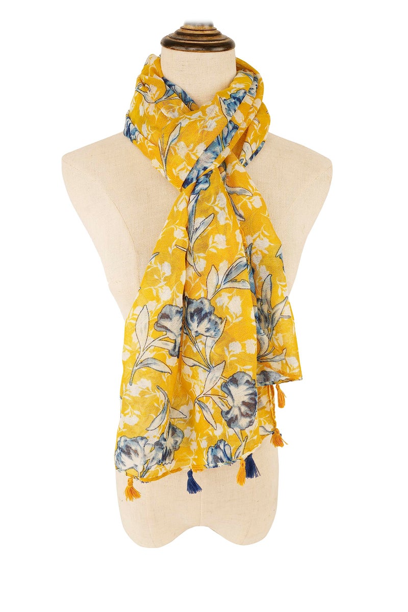 YOUR SMILE Large Boho Scarf for Women Lightweight Floral Printed Scarves Fall Winter Fashion Fringed Shawl wraps (05 Yellow Blue Flower) - Image 3