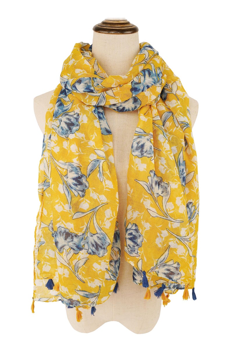 YOUR SMILE Large Boho Scarf for Women Lightweight Floral Printed Scarves Fall Winter Fashion Fringed Shawl wraps (05 Yellow Blue Flower) - Image 2