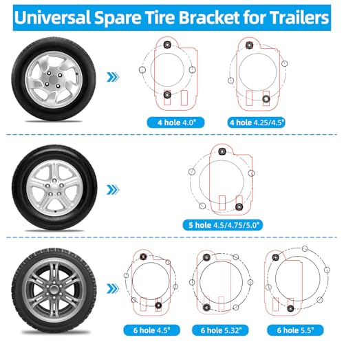 Qualward Spare Tire Mount Bracket for Trailer, Spare Tire Carrier Powder Coat Steel Black, Fits Most 4 & 5 & 6 Lugs Wheels on 4", 4.5'', 4.75'', 5" or 5.5" Bolt Patterns - Image 3