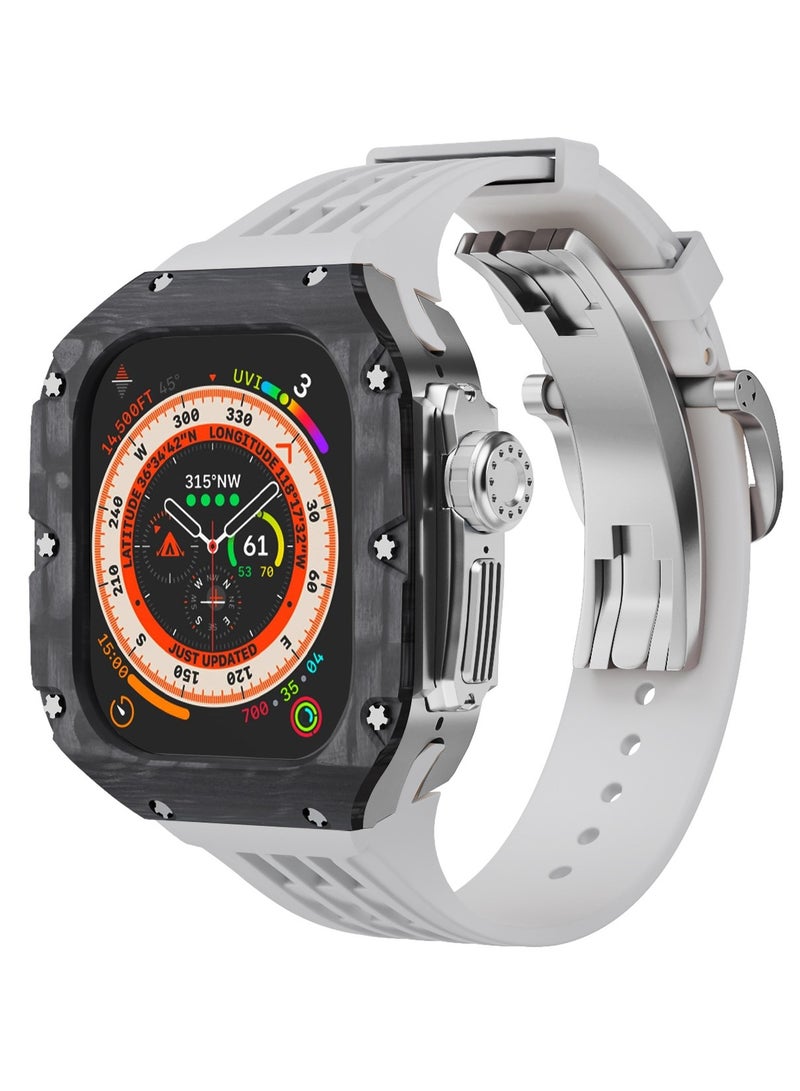 AROAQ Carbon Fiber Case For Apple Watch, 49mm Fluororubber Band Metal Bazel For Iwatch, Ultra Titanium Alloy Integrated Protective Case, (Carbon shell-silver titanium frame-white tape)  - Image 1