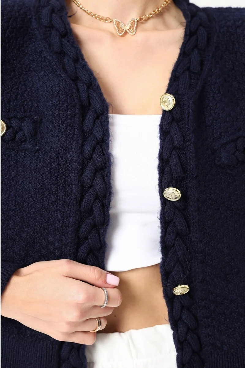 وينتر كلوب Silk Hair Knitted Navy Blue Gold Buttoned Cardigan