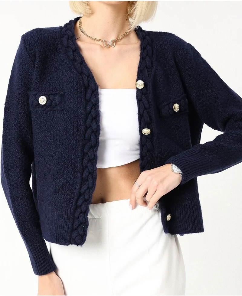 وينتر كلوب Silk Hair Knitted Navy Blue Gold Buttoned Cardigan
