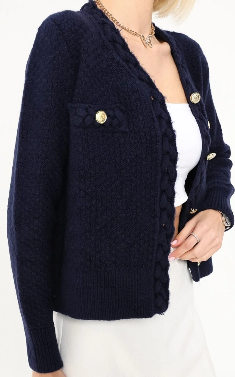 وينتر كلوب Silk Hair Knitted Navy Blue Gold Buttoned Cardigan