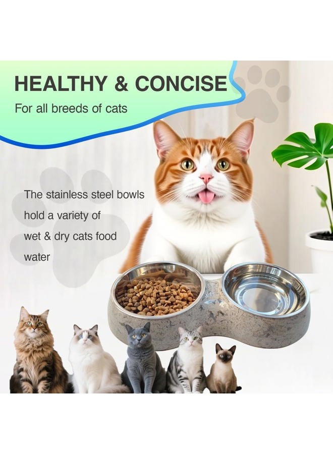 AKEISHE Double Cat Food and Water Bowl Set - Stainless Steel Bowls with Easy-to-Clean Detachable Design, Non-Slip Base, Pet Feeder for Kittens and Medium Cats (Marble-Large) - Image 3