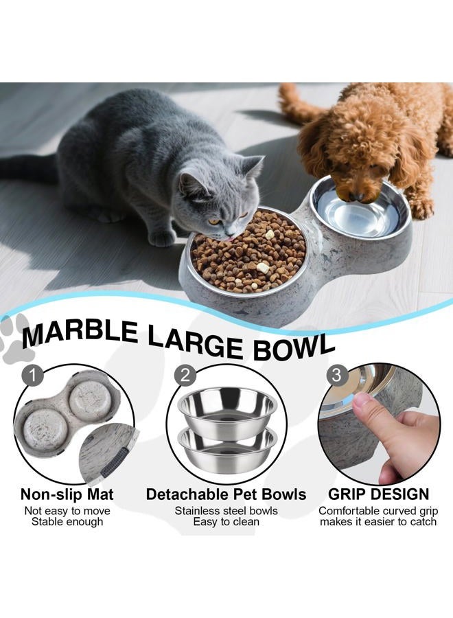 AKEISHE Double Cat Food and Water Bowl Set - Stainless Steel Bowls with Easy-to-Clean Detachable Design, Non-Slip Base, Pet Feeder for Kittens and Medium Cats (Marble-Large) - Image 2