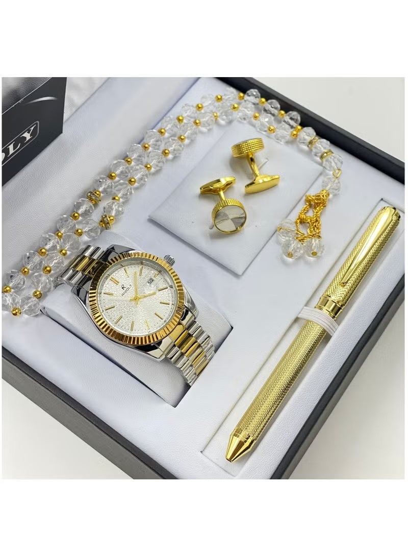 A stainless steel men's set consisting of a watch, a rosary, a pen and cufflinks