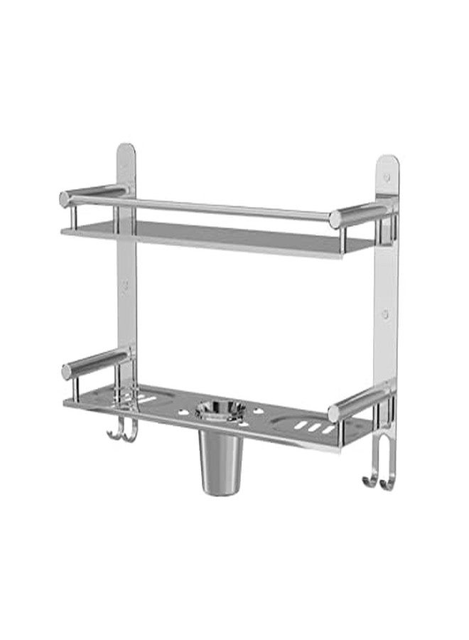Filox Stainless Steel 2-Tier Bathroom Organizer Rack | Wall-Mounted Shelf with Soap Dish, Tumbler & Toothbrush Holder | Rust-Proof Storage Stand for Daily Bathroom Essentials | Silver - Image 1