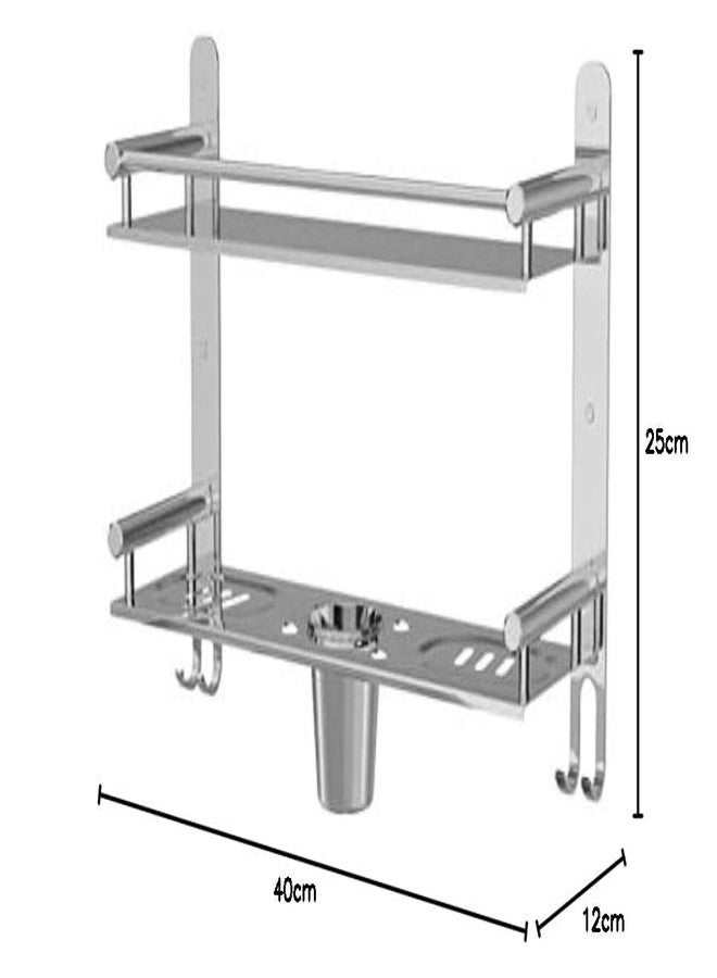 Filox Stainless Steel 2-Tier Bathroom Organizer Rack | Wall-Mounted Shelf with Soap Dish, Tumbler & Toothbrush Holder | Rust-Proof Storage Stand for Daily Bathroom Essentials | Silver - Image 2