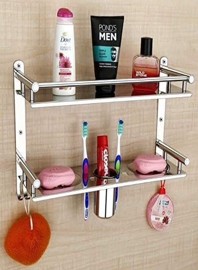 Filox Stainless Steel 2-Tier Bathroom Organizer Rack | Wall-Mounted Shelf with Soap Dish, Tumbler & Toothbrush Holder | Rust-Proof Storage Stand for Daily Bathroom Essentials | Silver - Image 3