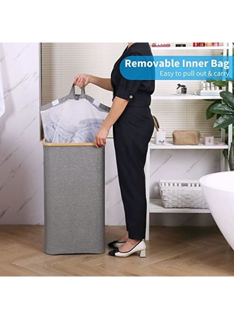 SYOSI Laundry Hamper with Lid, 100l Large Laundry Basket with Bamboo Handles, Freestanding Collapsible Laundry Hamper with Inner Bag for Clothes,Toys, Blankets, Towels Storage Bedroom and Bathroom, Grey - Image 4