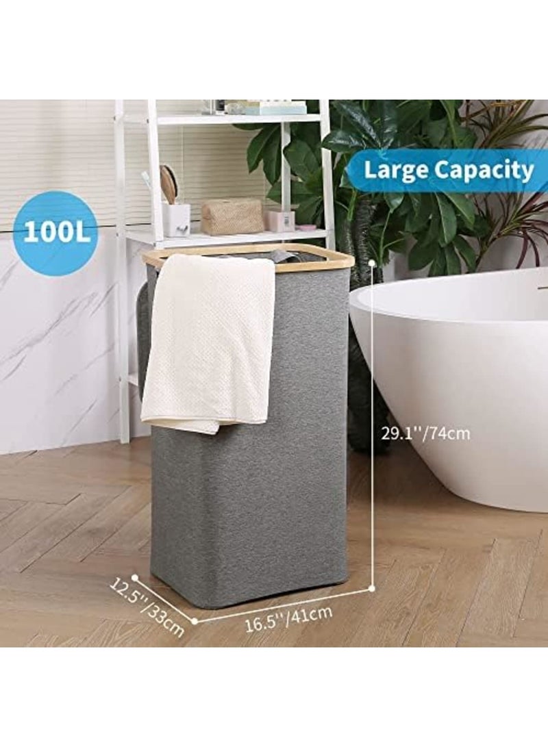SYOSI Laundry Hamper with Lid, 100l Large Laundry Basket with Bamboo Handles, Freestanding Collapsible Laundry Hamper with Inner Bag for Clothes,Toys, Blankets, Towels Storage Bedroom and Bathroom, Grey - Image 3