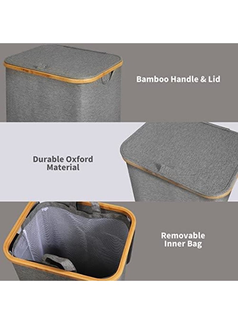 SYOSI Laundry Hamper with Lid, 100l Large Laundry Basket with Bamboo Handles, Freestanding Collapsible Laundry Hamper with Inner Bag for Clothes,Toys, Blankets, Towels Storage Bedroom and Bathroom, Grey - Image 5