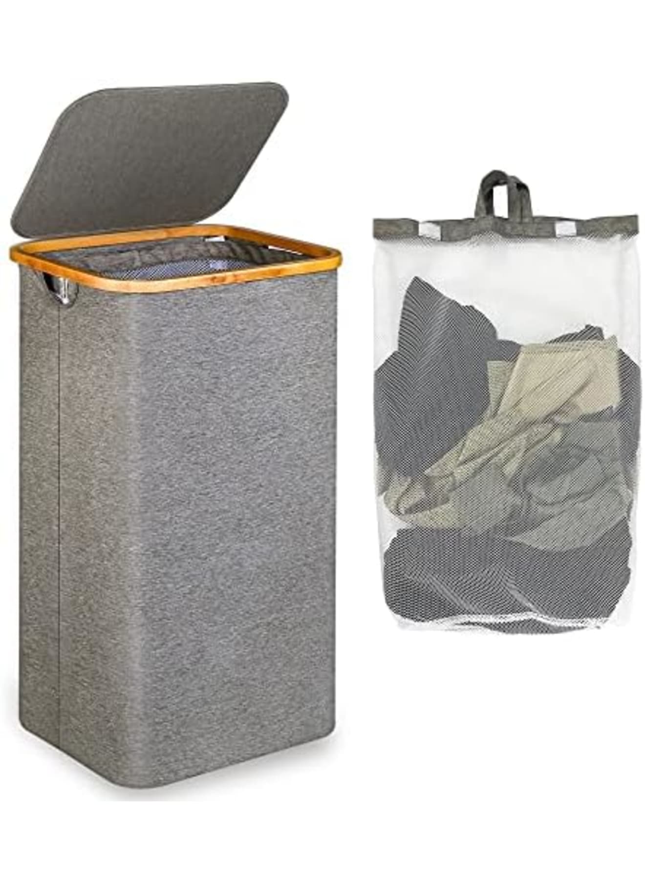 Laundry Hamper with Lid, 100l Large Laundry Basket with Bamboo Handles, Freestanding Collapsible Laundry Hamper with Inner Bag for Clothes,Toys, Blankets, Towels Storage Bedroom and Bathroom, Grey