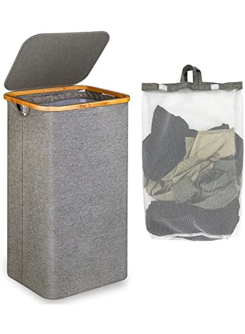 SYOSI Laundry Hamper with Lid, 100l Large Laundry Basket with Bamboo Handles, Freestanding Collapsible Laundry Hamper with Inner Bag for Clothes,Toys, Blankets, Towels Storage Bedroom and Bathroom, Grey - Image 1