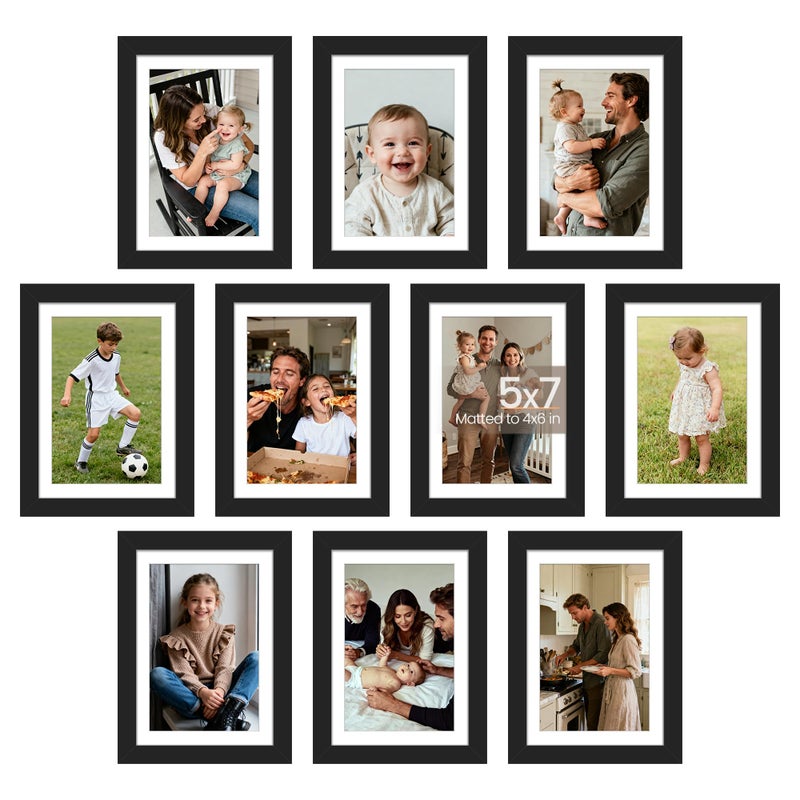 طقم إطارات صور upsimples 5x7 مجموعة من 10 إطارات عرض صور 4x6 مع مات أو 5x7 بدون إطارات صور متعددة للتجميع للعرض على الحائط أو الطاولة باللون الأسود