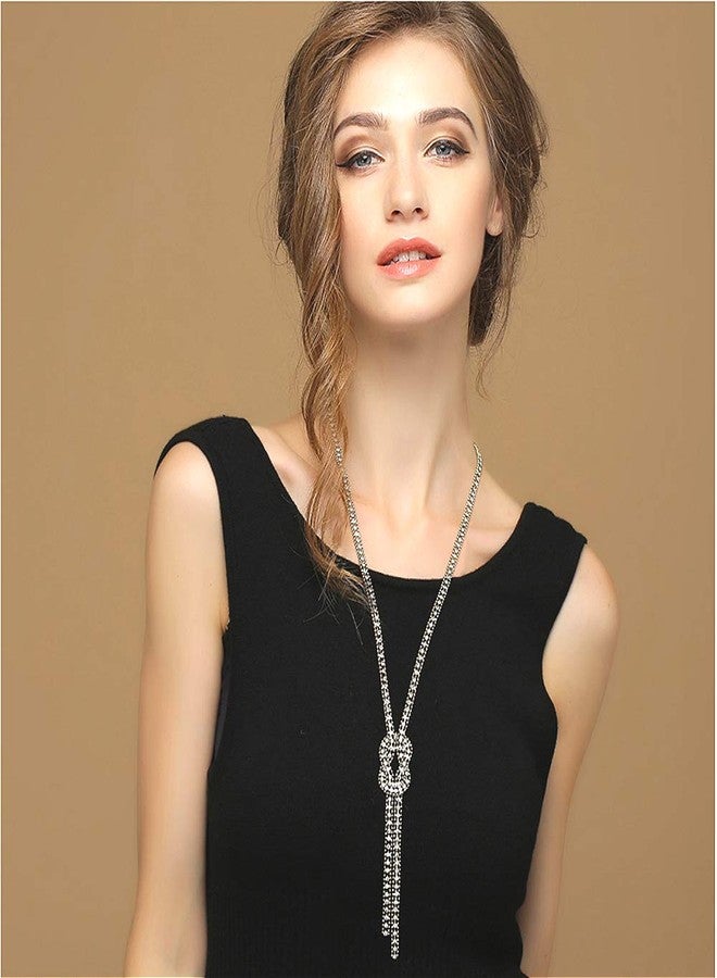 Sither Cathercing Crystal Knot Pendant Long Necklace for Women Sweater Chain Statement Necklace Choker Adjustable Elegant Jewelry Rhinestone Accessories Dressy Collocation Winter Evening Party Wedding - Image 3