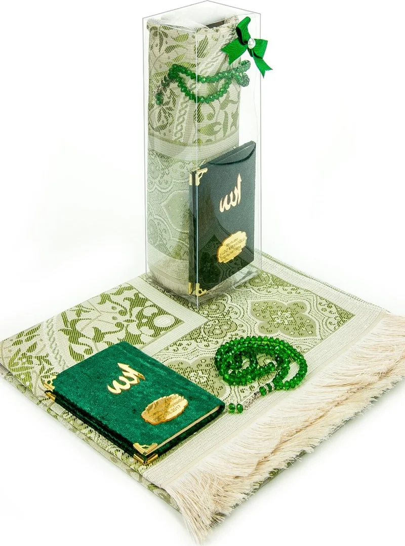 ايهفان Ihvan Velvet Covered Pocket Size Yasin Book and Prayer Rug Prayer Beads Set Green