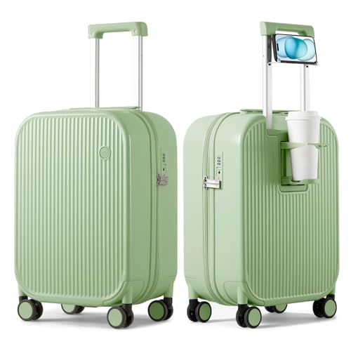 mixi Carry On Luggage with Cup Phone Holder Hard Shell Rolling Travel Suitcase with Spinner Wheels,20 Inch Avocado Green - Image 1
