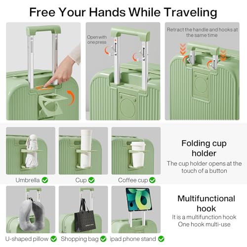 mixi Carry On Luggage with Cup Phone Holder Hard Shell Rolling Travel Suitcase with Spinner Wheels,20 Inch Avocado Green - Image 4