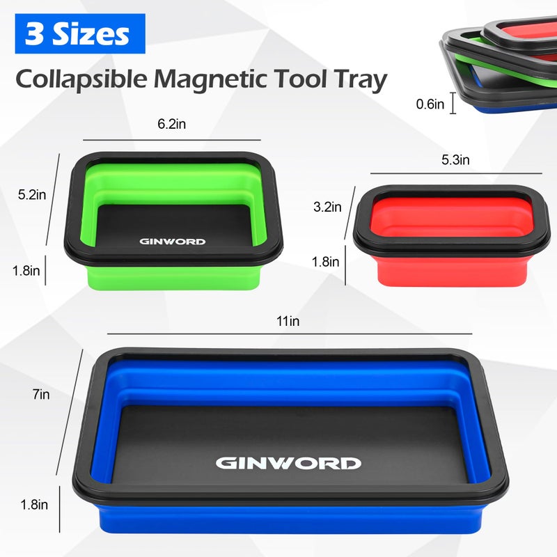 GINWORD 3Pcs Foldable Magnetic Partsn Trays Set with 3LBS Magnetic Pick-up Tool, 3 Size Silicone Magnetic Tool for Organizing Screws, Bolts, Nuts, Washers, Pins, and Other Small Metal Parts - Image 2